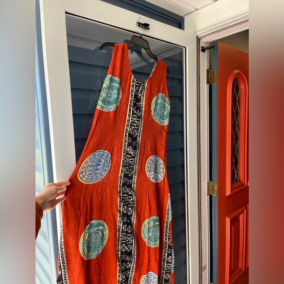 Vntg TEO’S Indonesia Long Colorful Print Dress w Slits XL - Picture 3 of 9